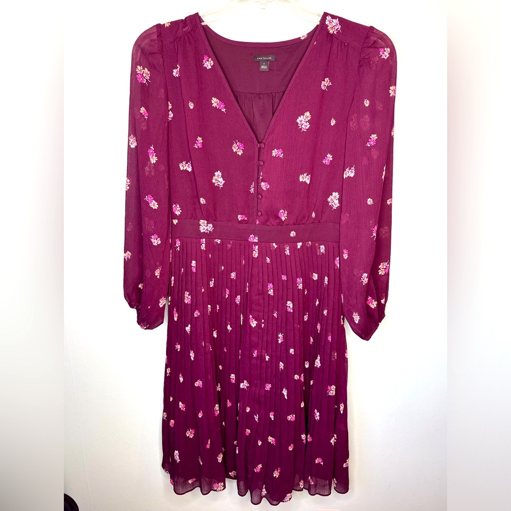Ann Taylor Maroon Dress w/ Pink Floral Print & Sheer Long Sleeves – Size 4